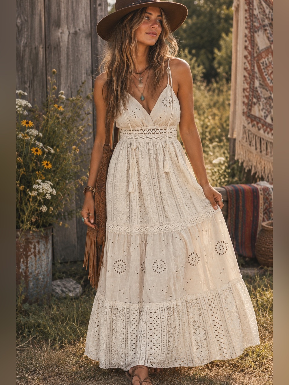 Cream Eyelet Boho Maxi Dress with Smocked Waist